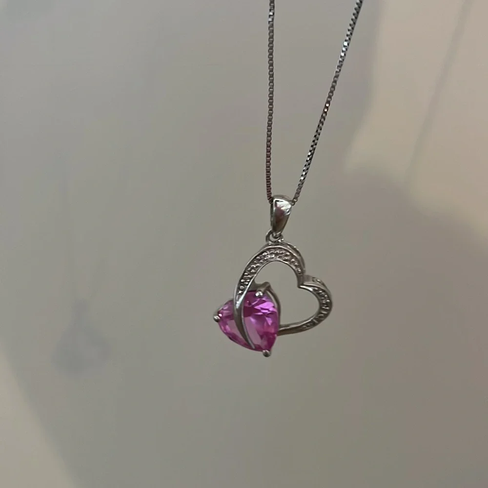 Pink and white sapphire heart-shaped necklace in .925 sterling silver. - Picture 7 of 7